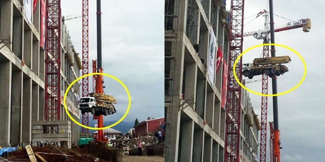 Rize'de beton mikseri 40 metre yükseğe taşındı