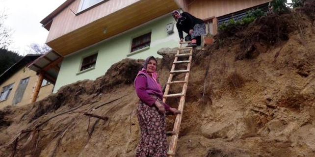 Rize'deki aile evlerine tahta merdivenle çıkıyor
